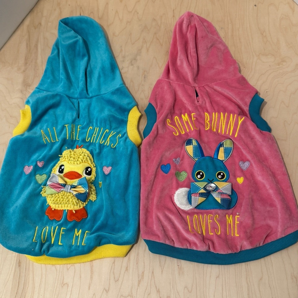 Bond Company Dog Hoodie Shirt Set 2 Easter Pink Blue Bunny Chick Velour Medium